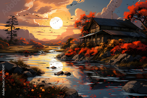 Illustration of a Peaceful Landscape of a House Beside a Quietly Flowing River at Sunset