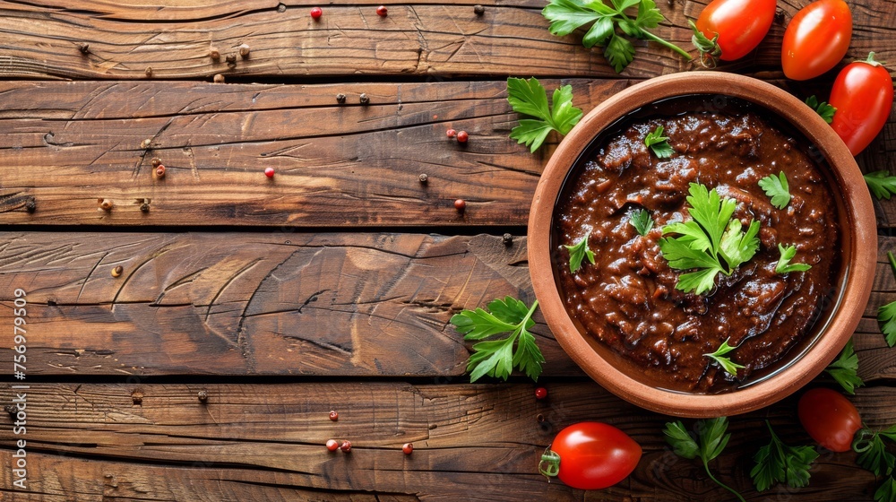 Authentic mole poblano over chicken, garnished with sesame seeds and cilantro, accompanied by a lime wedge, traditional Mexican cuisine, rustic wooden background, space for text Authentic mole poblano over chicken, garnished with sesame seeds and cilantro, accompanied by a lime wedge, traditional Mexican cuisine, rustic wooden background, space for text