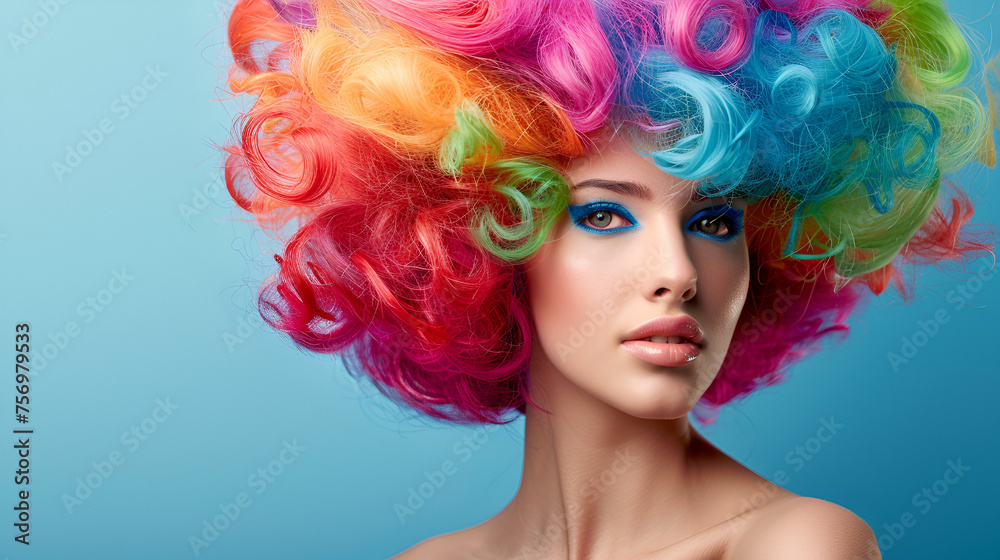 Beautiful Woman in a Colorful Wig with Copy Space, Isolated on White Background for Fashion and Beauty Concepts, Generative AI

