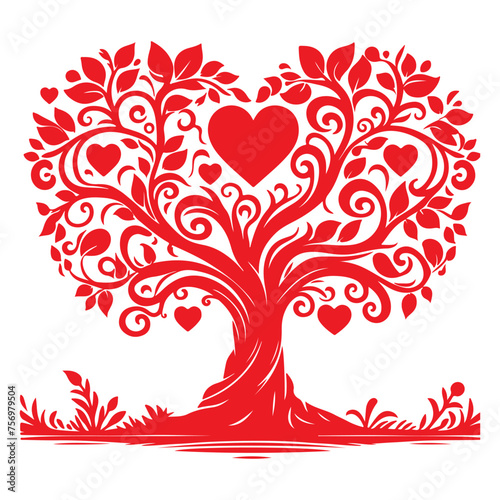 red love tree with heart leaves. hand draw Valentine day tree silhouette clip art isolated on white background  vector illustration
