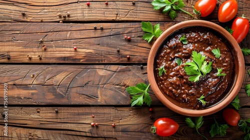 Authentic mole poblano over chicken, garnished with sesame seeds and cilantro, accompanied by a lime wedge, traditional Mexican cuisine, rustic wooden background, space for text
