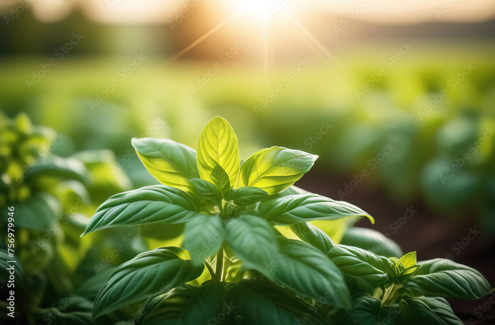 Close up of fresh green basil plant growing in the field at sunset Close up of fresh green basil plant growing in the field at sunset