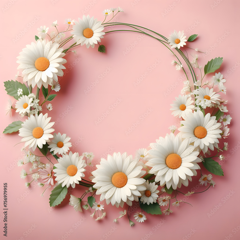 Fototapeta premium Daisy flower frame, isolated on a Pink background, Spring Frame