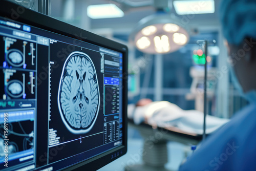 Tomographic analysis of brain is performed on comatose patient in intensive care unit AI Generation