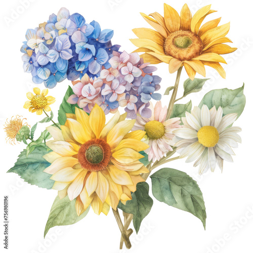 Wallpaper Mural watercolor bouquet featuring classic Daisies Hydrangea flowers sunflower in various colors and transparent background Torontodigital.ca