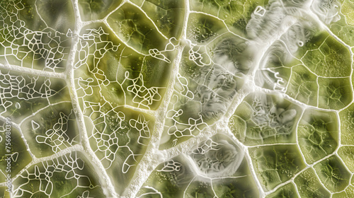 This ultra-high-resolution image shows downy mildew infecting a vine leaf with a web-like hyphae pattern, highlighting the plant's health struggle. photo