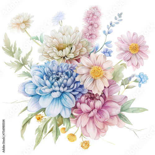 watercolor bouquet featuring classic Chamomile Chrysanthemum Orchid flower in various colors and transparent background