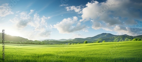 A picturesque rural area with a vast green plain filled with lush grass  set against a backdrop of towering mountains  a cloudy sky  and the sun shining through the clouds