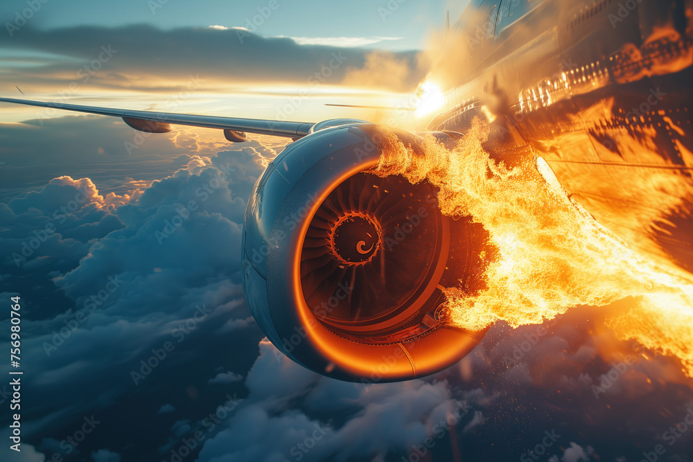 Engine failure during flight, fire engulfed aircraft AI Generation - obrazy, fototapety, plakaty 