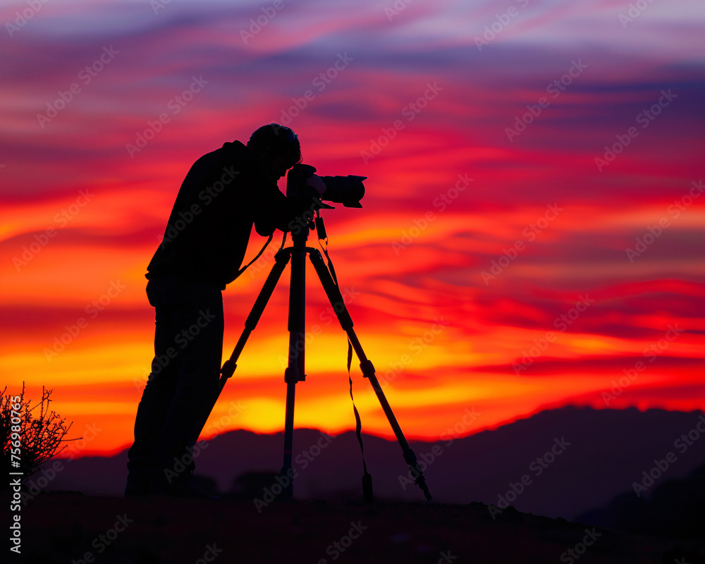 Camera tripod silhouetted against a dramatic sunset, showcasing stability for the perfect shot