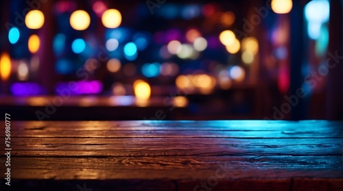 Wooden table, blurred bokeh background background.