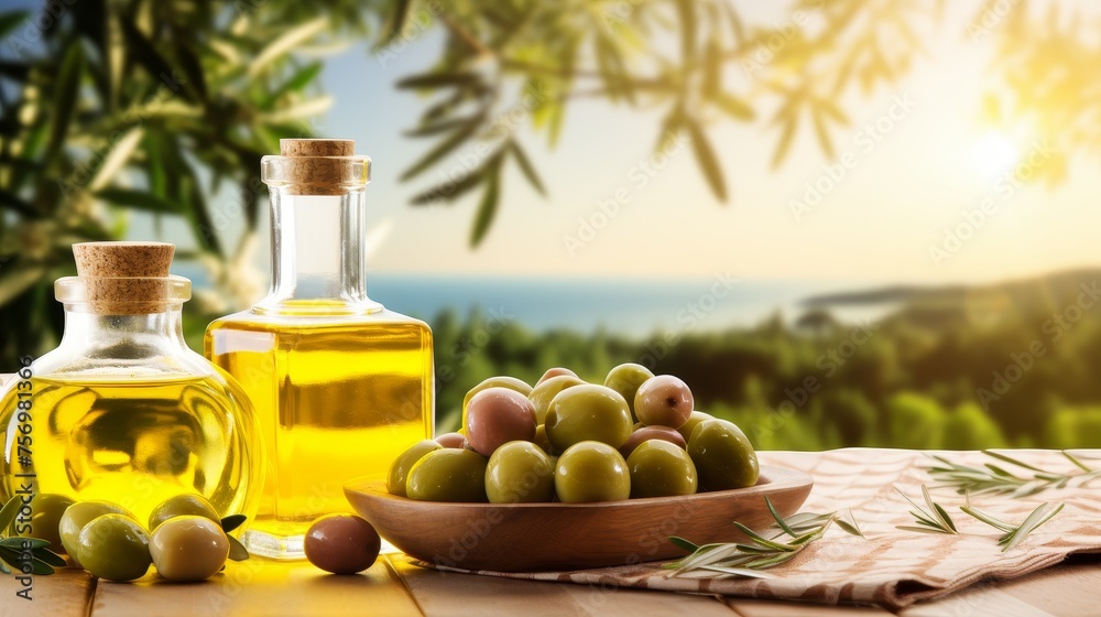 Still life with green olives, olive oil, olive branch, and linen napkin on kitchen table Still life with green olives, olive oil, olive branch, and linen napkin on kitchen table