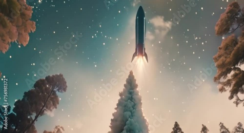 3d space rocket flying from deep in the forest photo