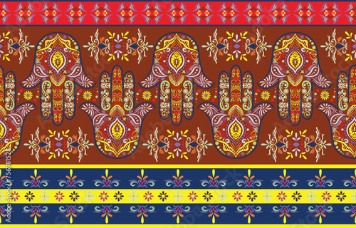Ethnic Pattern. Ethnic India seamless pattern design oriental style. Hamsa hand India Motif.