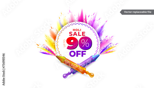 Colorful holi festival template design for advertisement and sales promotion logo with 90% off text.