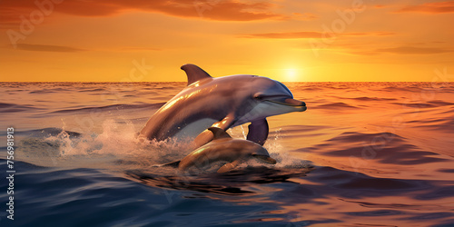 Dolphins jumping out of the water in the open ocean at sunset yellowish background 