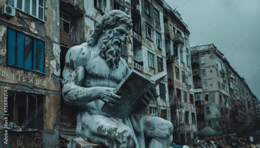An ancient sculpture of a thinker with a book in his hands against the backdrop of ruins and poor beggars, education and teaching grammar.