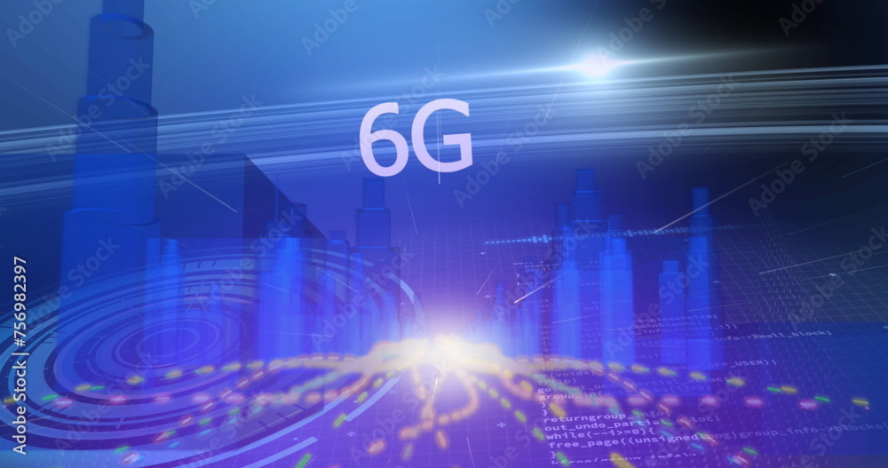 Image of 6g text and glowing light trails with futuristic blue city in background
