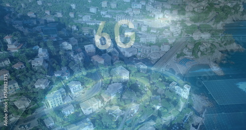 Image of 6g text floating over aerial view of buildings in city in background