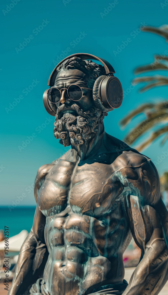 A sculpture of a philosopher in musical headphones rests on the sea beach of a European resort. A sculpture of a philosopher in musical headphones rests on the sea beach of a European resort.