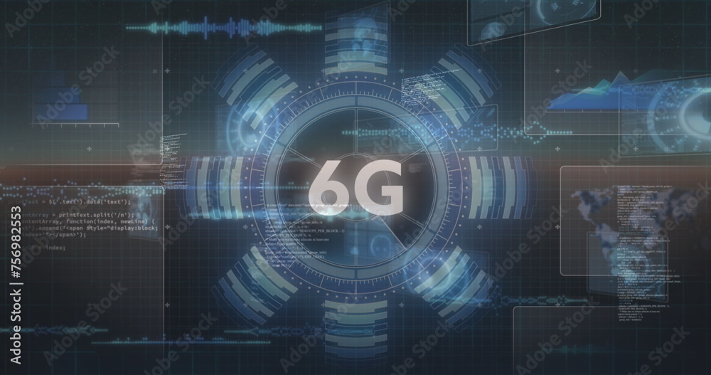 Image of 6g text and glowing interface with charts, information moving on dark background Image of 6g text and glowing interface with charts, information moving on dark background