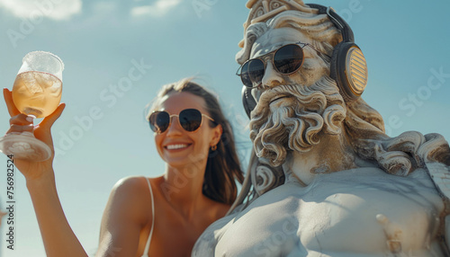 A modern sculpture of a Greek man in sunglasses and headphones is photographed with a girl on the sea beach.