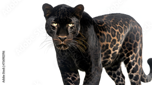 Black Leopard, Majestic Feline Beauty - 6-Year-Old Panther Posing Against White Background, Power and Elegance Captured in Nature, Generative AI