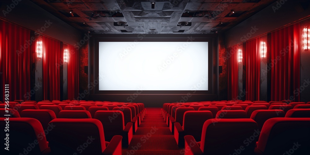 Fototapeta premium Cinema theater blank screen in front of seat rows in movie theater