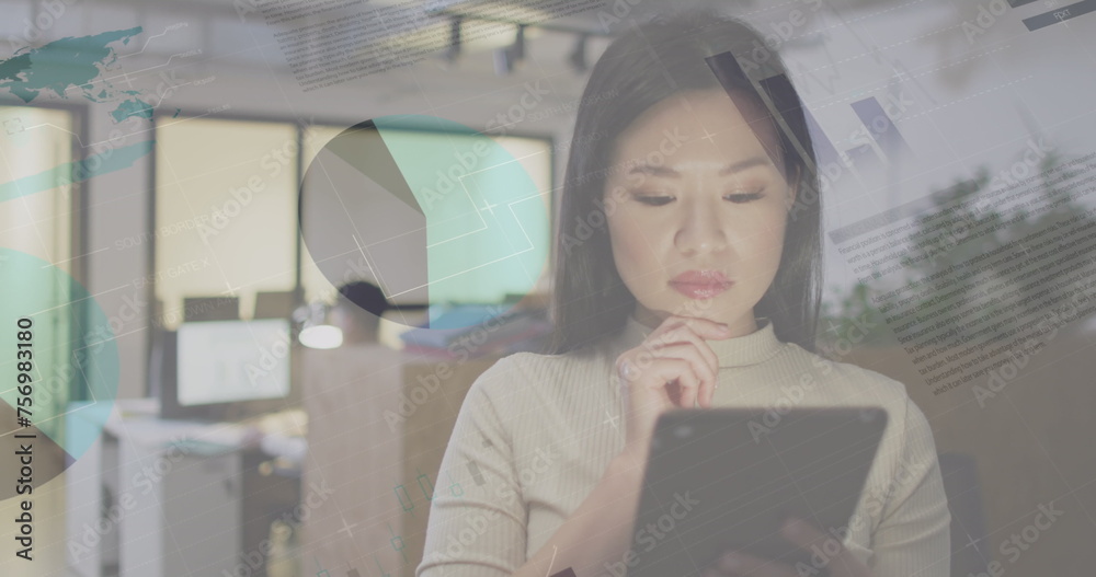 Fototapeta premium Image of data processing over biracial businesswoman working in office