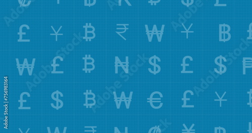 Image of financial data processing and currency symbols over blue background