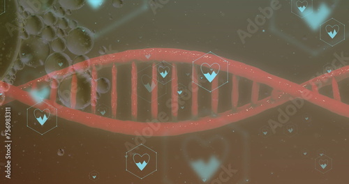 Image of icons, dna strand over data processing