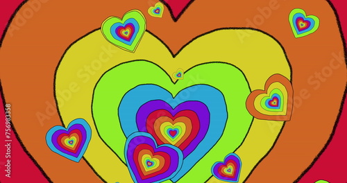 Image of rainbow hearts over rainbow background