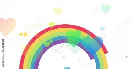 Image of rainbow hearts over rainbow on white background