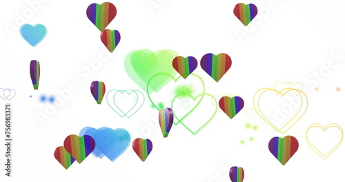 Image of rainbow hearts over white background
