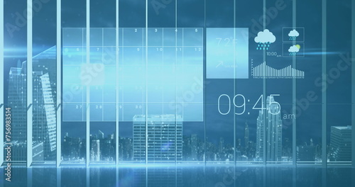 Image of numbers floating with weather icons over 3d model of a city