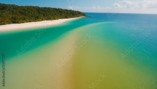 Aerial birds eye view of beautiful cyan blue colored ocean at beach 