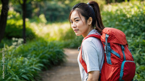 Asian young woman in sportswear with heavy backpack rucking in park on sunny summer day. Determination, fitness, outdoor adventure. active lifestyles, outdoor gear, fitness routines outside