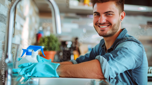Happy man with cleaning gloves leaning on kitchen counter, representing housekeeping duties