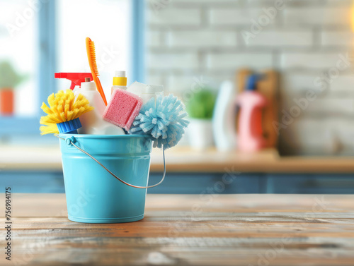 Assorted Cleaning Supplies in Blue Bucket on Wooden Table in Blurred Kitchen Background