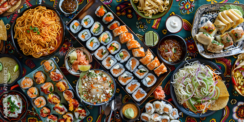 A table full of sushi and other food items with dark background 