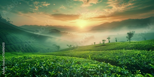 tea plantation landscape against sunset