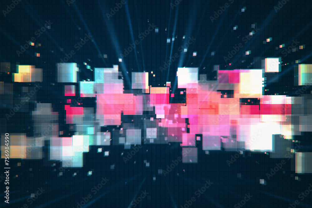 Fototapeta premium Abstract pixel explosion in vibrant colors on a dark grid background. Creative technology concept. 3D Rendering