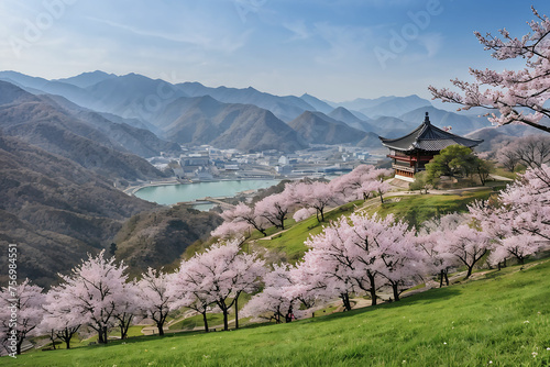 Beautiful spring scenery in Korea. Generative AI