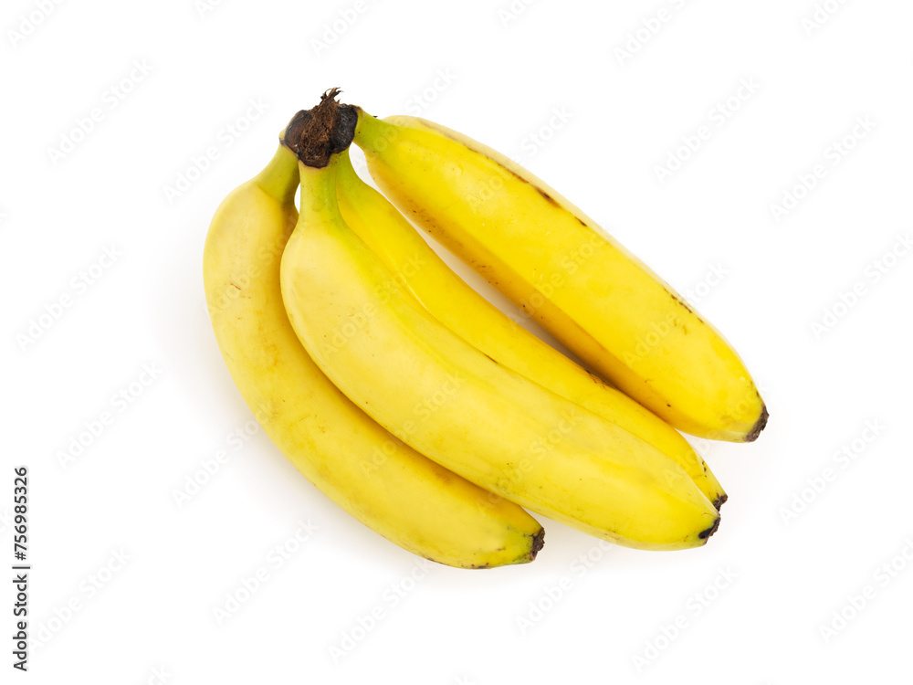 Bananas, closeup and studio for health, wellness or organic diet on countertop. Fruit, nutrition or produce for eating, healthy and meal or cuisine with vitamins for weight loss on white background