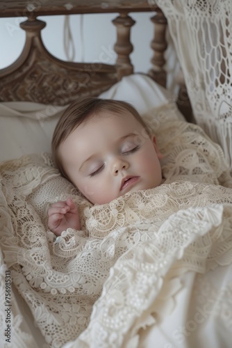 Professional Photography of a newborn sleeping peacefully in a vintage-inspired wooden bassinet, Generative AI