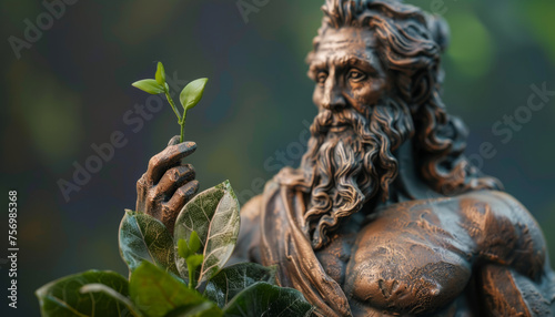 bronze sculpture of a male gardener and plant breeder with a green sprout in his hands. Crop control in agriculture.