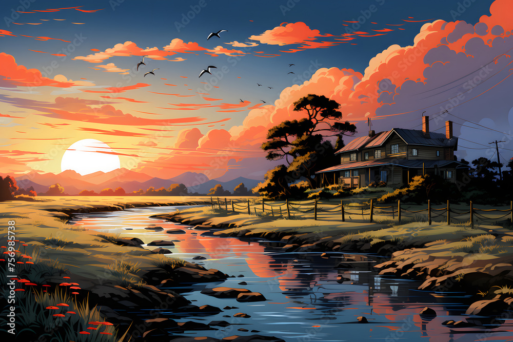 Traditional Asian House Beside a River with Cloudy Sky at Sunset. Peaceful House Illustration