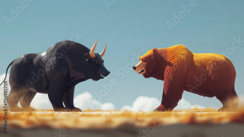 A vivid illustration of a bull and a bear confronting each other, symbolizing market forces in a dramatic desert landscape.