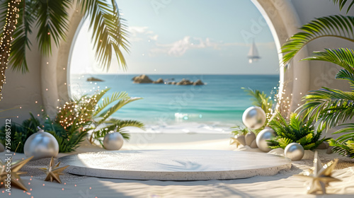 A serene beach view adorned with Christmas decorations, combining tropical warmth with festive cheer.