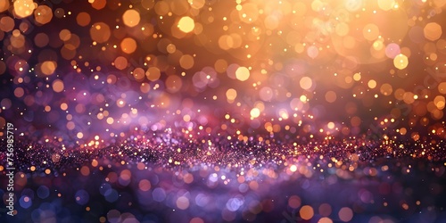 Glimmering gold and purple confetti lights in abstract bokeh background. Concept Confetti Lights, Abstract Bokeh, Glimmering Gold, Purple, Festive Atmosphere